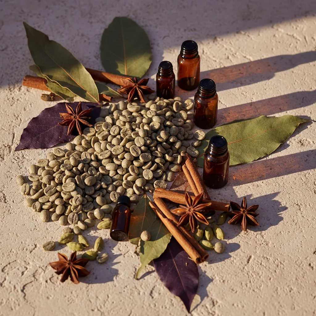 Raw green coffee beans and botanical ingredients flat-lay